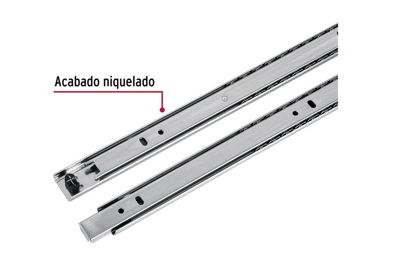 Riel para gaveta apertura 3/4 1 x 37.4 pulgadas 10 kg cierre suave Hermex, detalle del acabado niquelado en metal