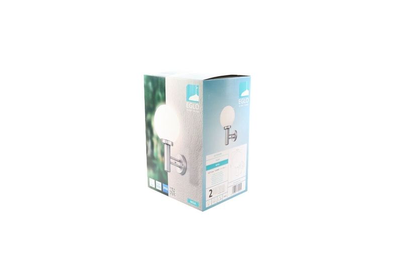 Lámpara de pared Nisia acero inox. 1L E27 IP44 Eglo, empaque de cartón blanco con ilustración del producto y marca