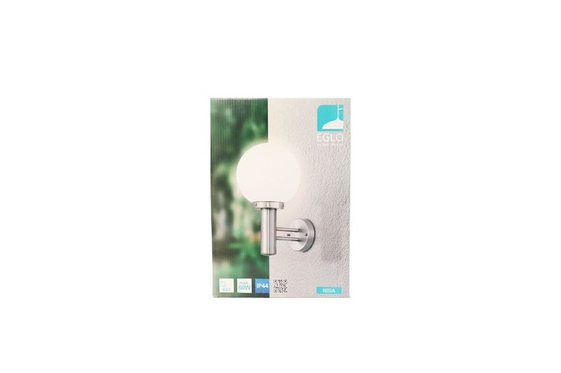 Lámpara de pared Nisia acero inoxidable 1L E27 IP44 Eglo, empaque frontal con ilustración del producto y especificaciones