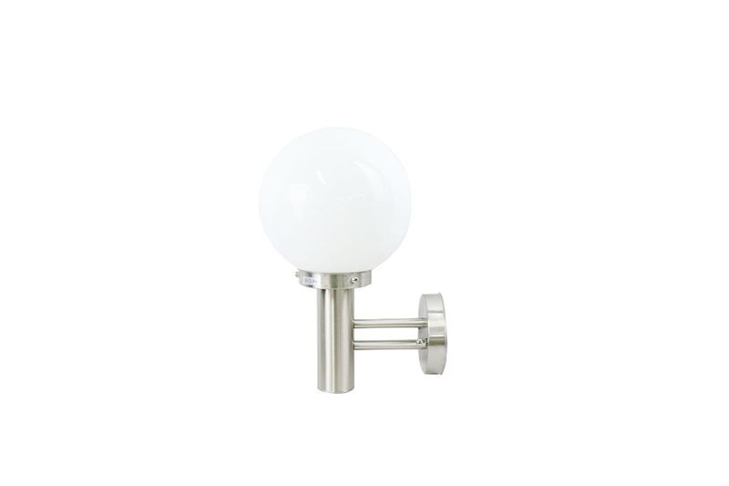Lámpara de pared Nisia acero inox. 1 luz E27 IP44 Eglo, vista lateral con globo de vidrio blanco y soporte metálico