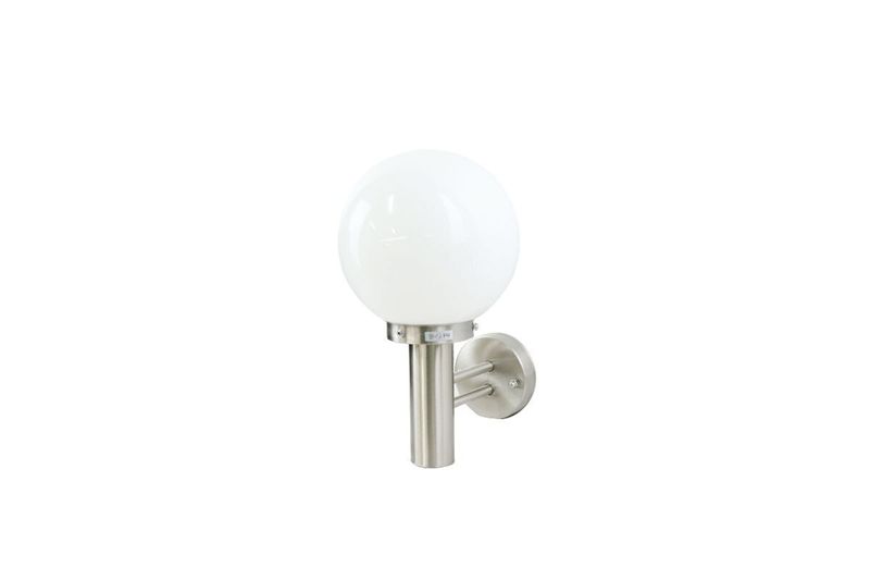 Lámpara de pared Nisia acero inoxidable 1L E27 IP44 Eglo, vista lateral con globo blanco opaco y soporte cilíndrico