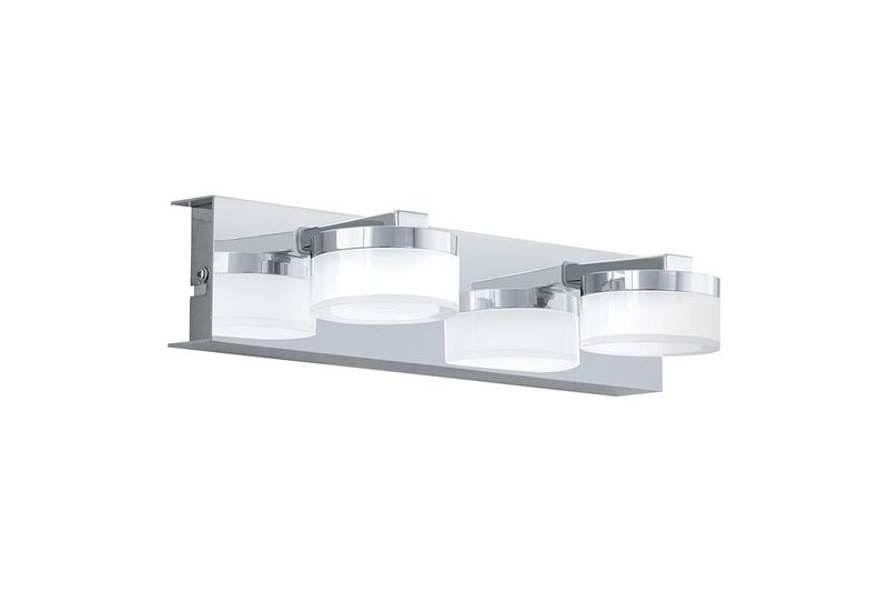 Lámpara de pared LED Romendo cromo satinado dimeable Eglo, vista frontal con cuatro pantallas cilíndricas blancas