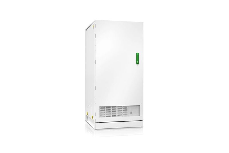 Gabinete de batería Galaxy VS UL tipo 2 Schneider Electric, vista frontal del equipo blanco con rejilla inferior