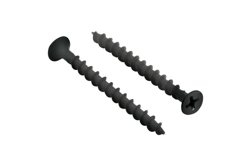 Tornillo gypsum hilo grueso negro 14 x 3 pulgadas 100 piezas Fiero, dos tornillos dispuestos en diagonal sobre fondo blanco
