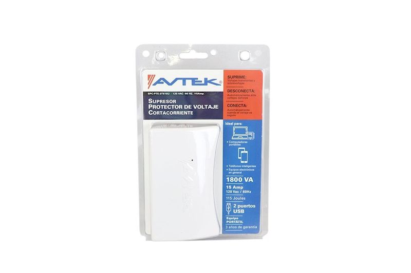 Protector 3 tomas 120 V/15 A supresor y filtro Avtek, empaque blister transparente con tarjeta informativa azul y blanca