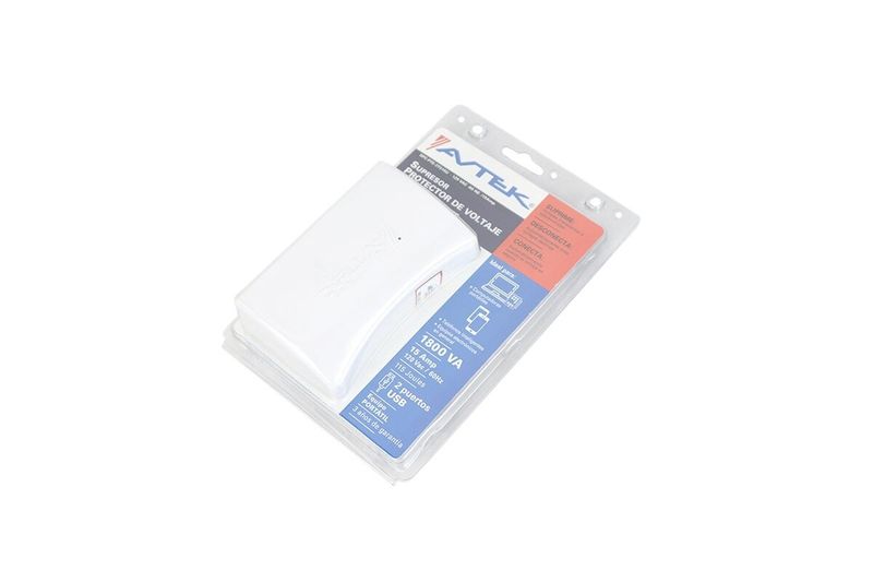 Protector 3 tomas 120V/15A supresor y filtro Avtek, empaque plástico transparente con tarjeta informativa azul