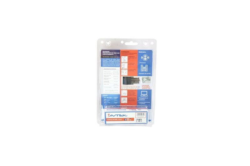 Protector 3 tomas 120V/15A supresor y filtro Avtek, empaque plástico con instrucciones y detalles técnicos