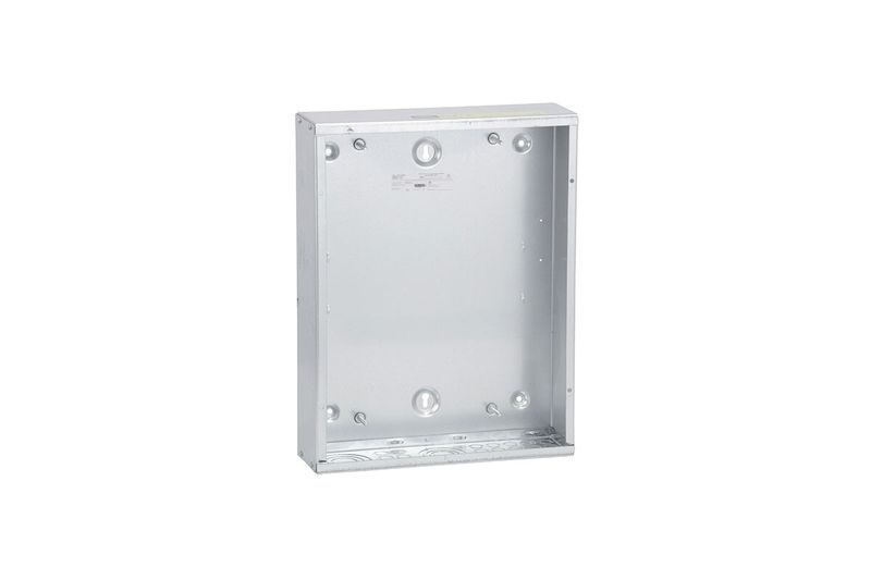 Caja para tablero Square D de 26x20 pulgadas, vista frontal del interior metálico vacío con orificios de montaje