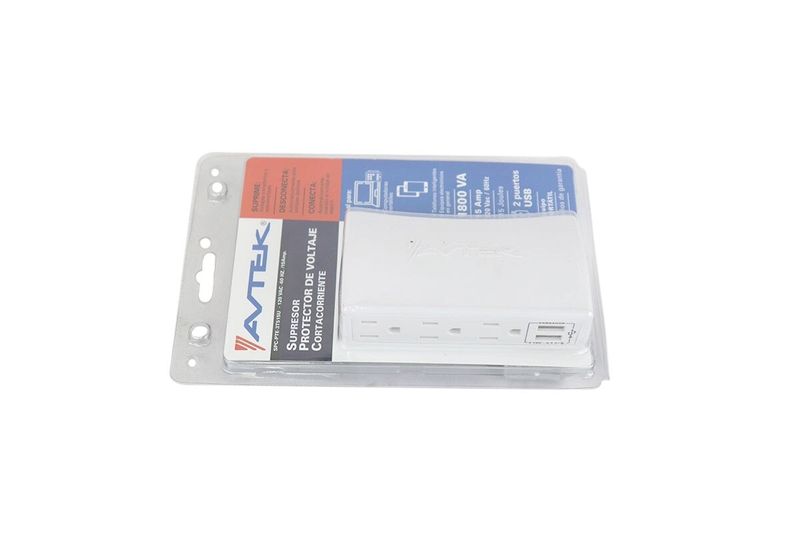 Protector 3 tomas 120V/15A supresor y filtro Avtek, equipo blanco en su empaque plástico con tarjeta informativa