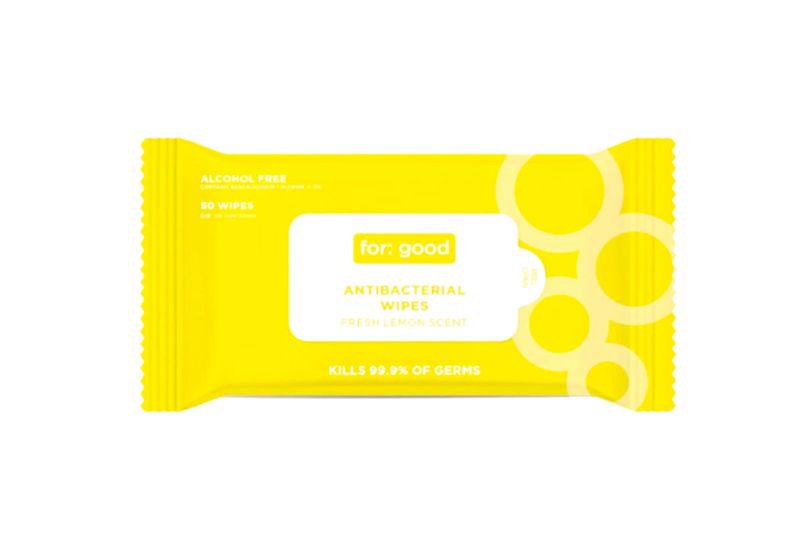 Toalla antibacterianas 50 piezas Full Circle, empaque amarillo con texto en inglés y aroma a limón