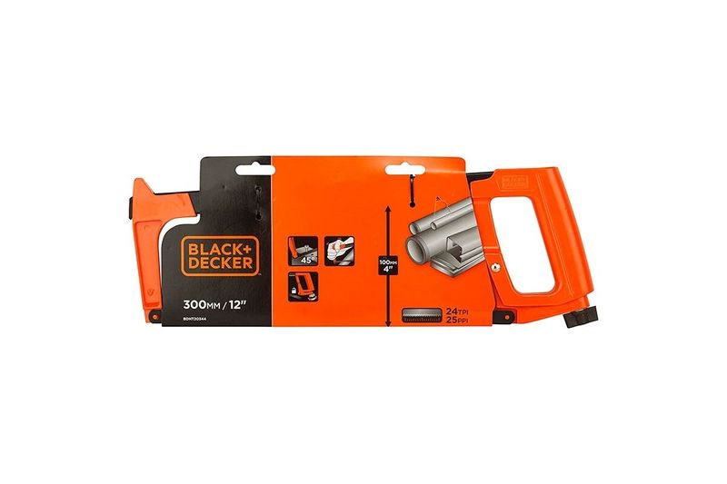 Marco de sierra Black + Decker de 300 mm, empaque naranja con ilustraciones de uso y especificaciones técnicas