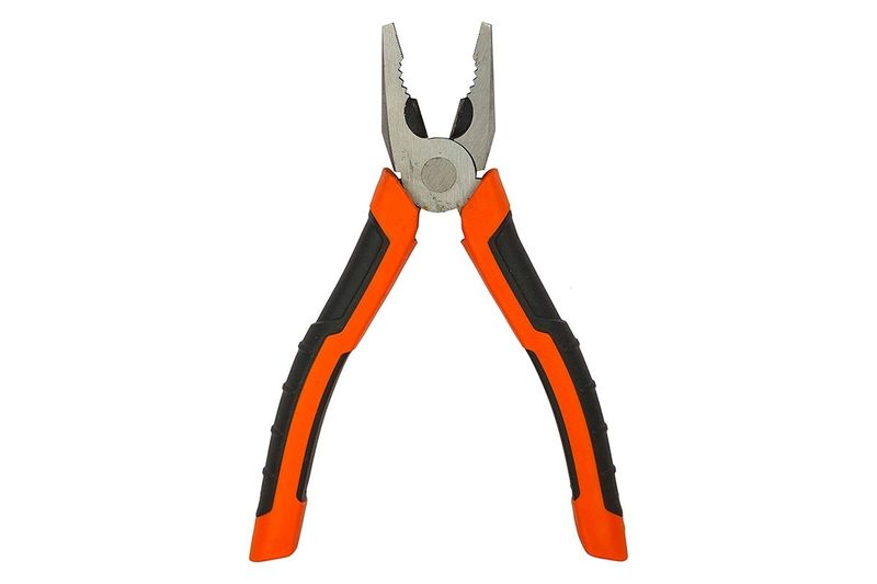 Alicate profesional Black and Decker de 7 pulgadas, vista frontal abierta con mangos ergonómicos naranjas y negros