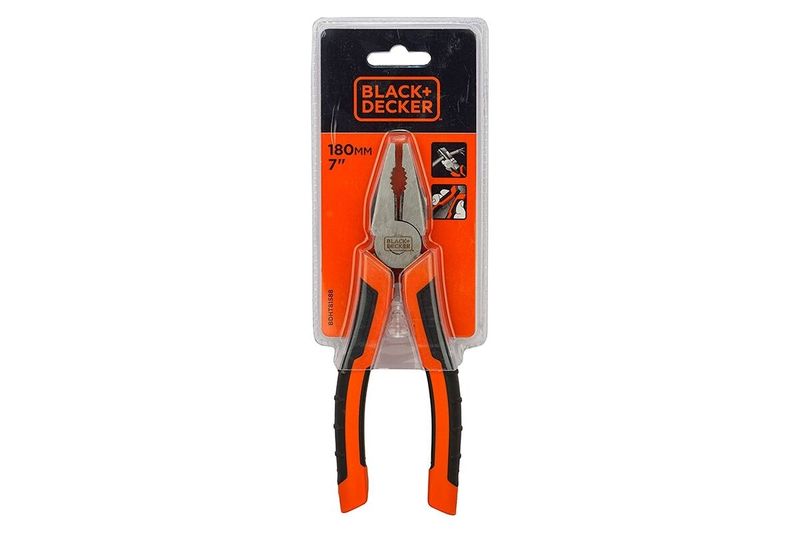 Alicate profesional Black + Decker de 7 pulgadas, presentado en su empaque plástico con mango color naranja y negro