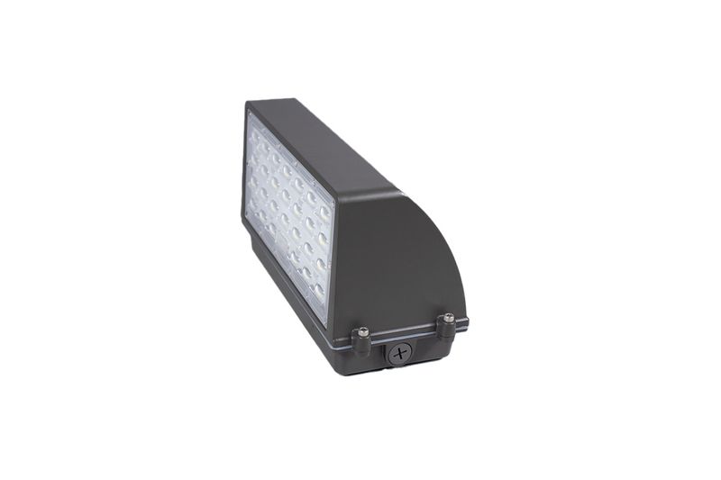 Luminaria Wall Pack LED 28 W 3640 lm 6500 K 120-277 V Sinsa, vista lateral del cuerpo gris oscuro y panel de LEDs