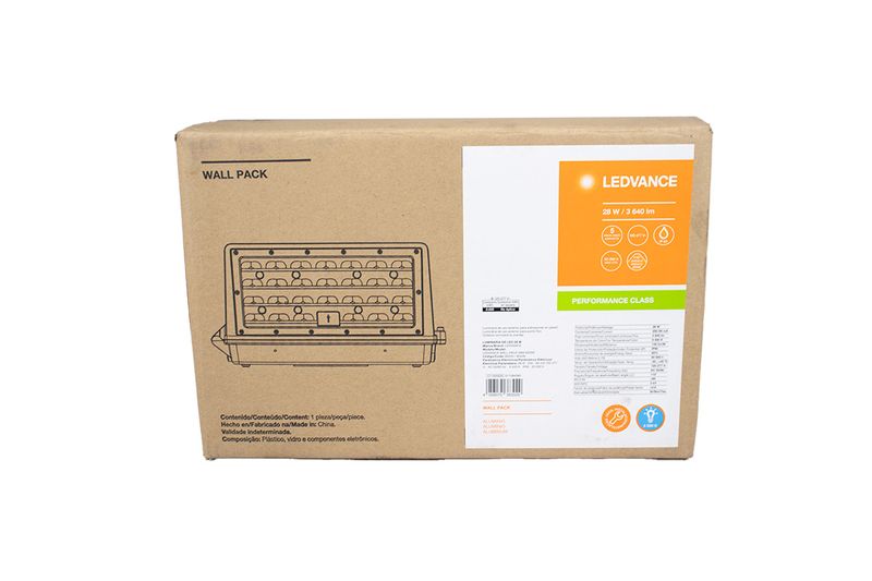 Luminaria wall pack LED 28W 3640lm 6500K 120-277V SINSA, empaque de cartón con ilustración del producto y especificaciones