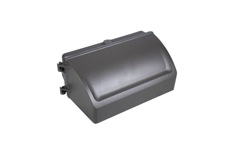 Luminaria wall pack LED 28 W 3640 lm 6500 K 120-277 V SINSA, vista posterior del cuerpo gris con sus soportes de muro