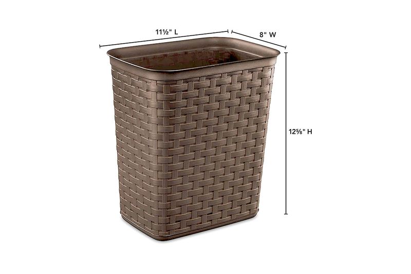 Basurero plástico 3.4 gal café tejido Sterilite, con diagrama de medidas de largo, ancho y altura