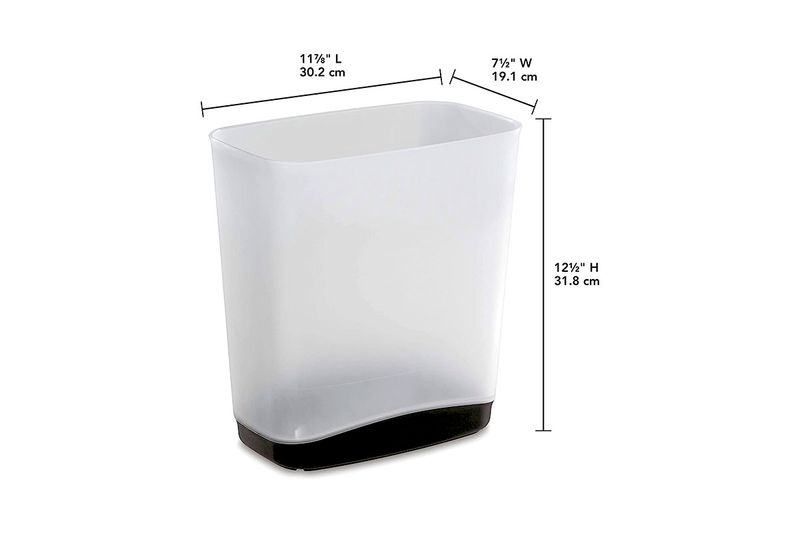 Basurero plástico 3.3 gal transparente rectangular Sterilite, gráfico con medidas de largo, ancho y alto en pulgadas y cm