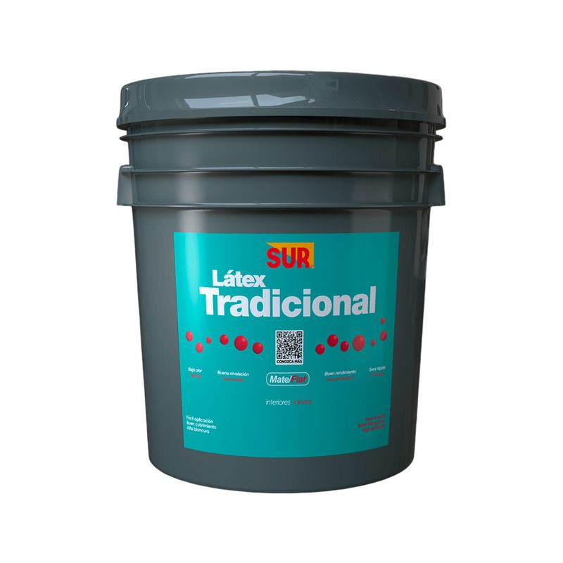 Pintura látex tradicional terracota Sur cubeta, vista frontal del envase gris con etiqueta celeste y blanca