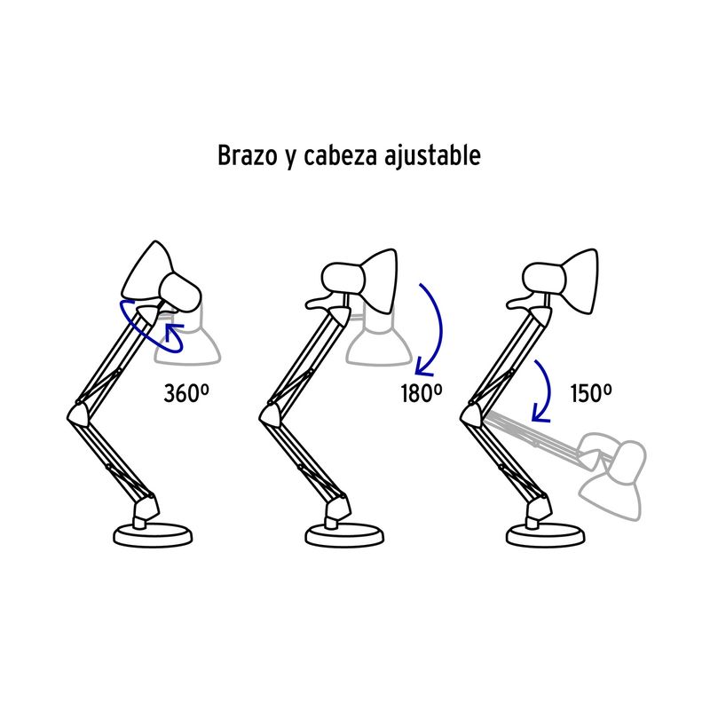 Lámpara de escritorio con brazo oscilante E27/E26 negro Volteck, gráfico lineal que muestra los ángulos de ajuste del brazo