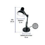 Lámpara de escritorio con brazo oscilante E27/E26 negro Volteck, gráfico con medidas de alto, diámetro y largo del cable