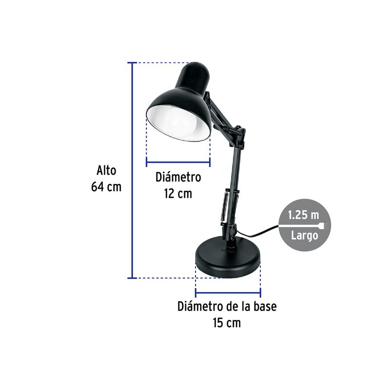 Lámpara de escritorio con brazo oscilante E27/E26 negro Volteck, gráfico con medidas de alto, diámetro y largo del cable