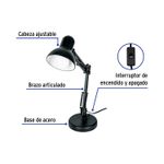 Lámpara de escritorio con brazo oscilante E27/E26 negro Volteck, gráfico con etiquetas de sus partes y el interruptor
