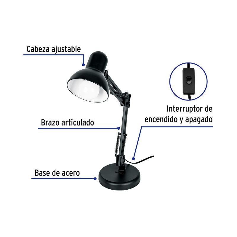 Lámpara de escritorio con brazo oscilante E27/E26 negro Volteck, gráfico con etiquetas de sus partes y el interruptor
