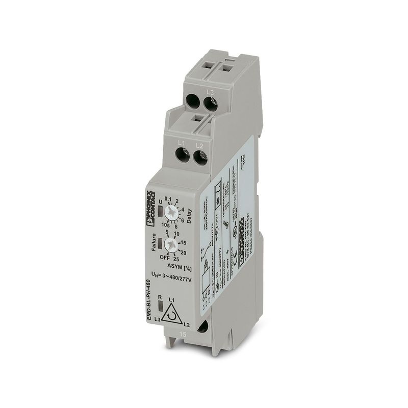 Relé de control 3F 208/480 VAC Phoenix Contact, vista lateral del dispositivo con dial de ajuste y terminales