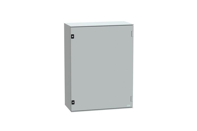 Gabinete de poliéster Himel IP 66 Schneider Electric de 847x636x300 mm con fondo falso, vista frontal en color gris