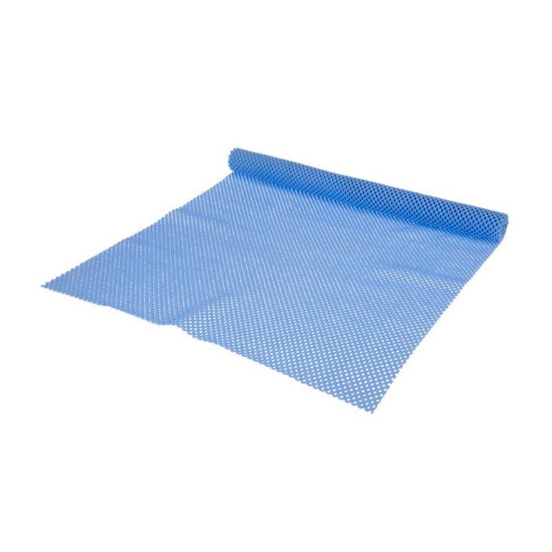 Alfombra antideslizante 45 x 125 cm surt Koopman, vista en ángulo de color azul con un extremo enrollado