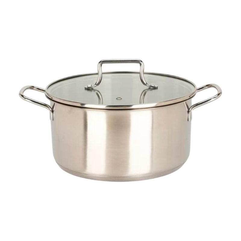 Olla acero inoxidable 22 cm Koopman, vista frontal con tapa de vidrio y dos asas laterales