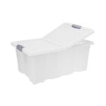 Caja para almacenamiento con rodo 64 l Koopman, vista lateral con la tapa semiabierta y cierres grises
