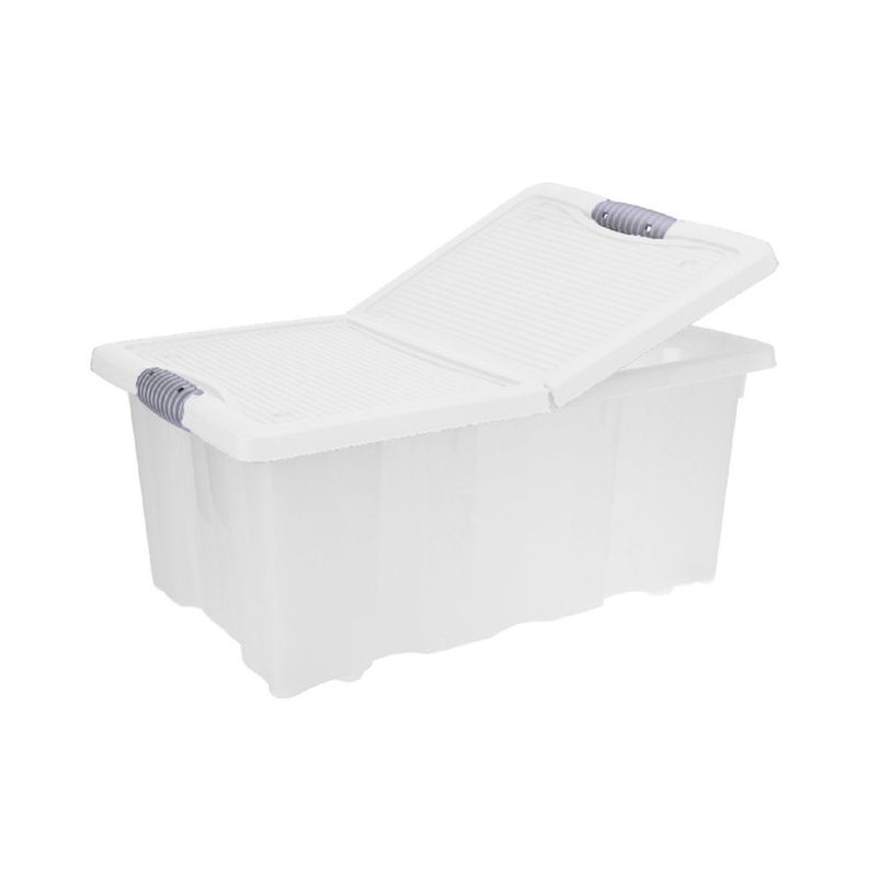 Caja para almacenamiento con rodo 64 l Koopman, vista lateral con la tapa semiabierta y cierres grises