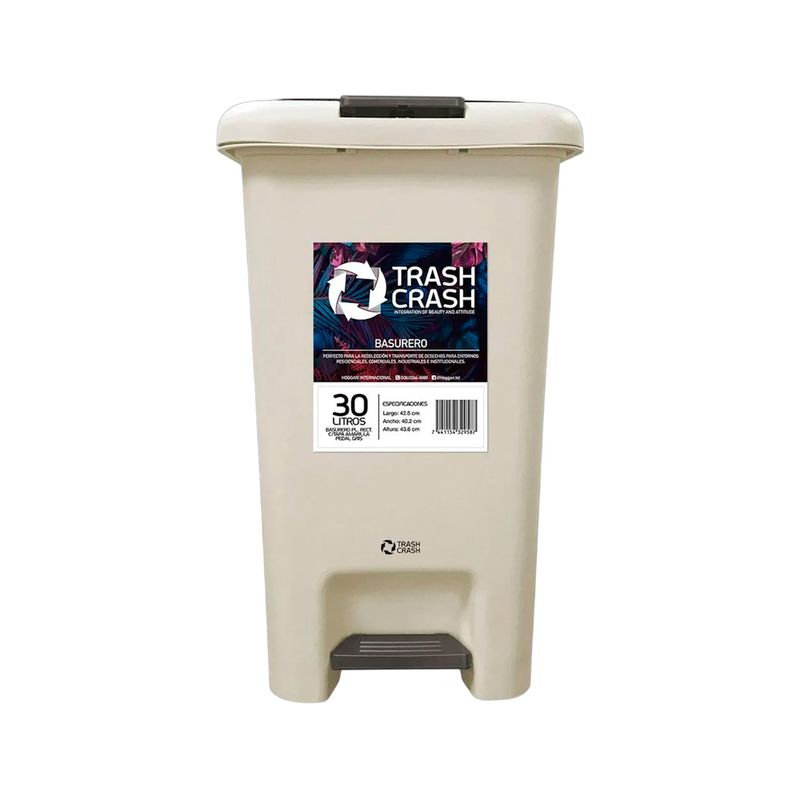 Basurero rectangular plástico con pedal 30 L Trash Crash, vista frontal con etiqueta de especificaciones y pedal gris