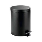 Basurero redondo acero inoxidable con pedal 5 L negro Trash Crash, vista frontal del bote cerrado con pedal desplegado