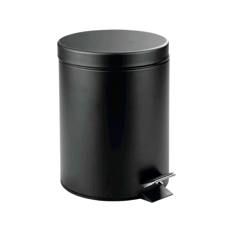 Basurero redondo acero inoxidable con pedal 5 L negro Trash Crash, vista frontal del bote cerrado con pedal desplegado