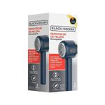 Removedor de pelusas recargable Black+Decker, vista frontal de la caja blanca con ilustración del producto