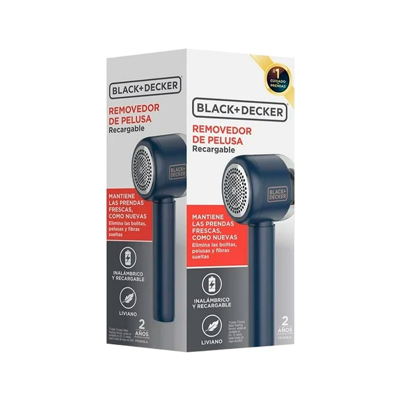 Removedor de pelusas recargable Black+Decker, vista frontal de la caja blanca con ilustración del producto
