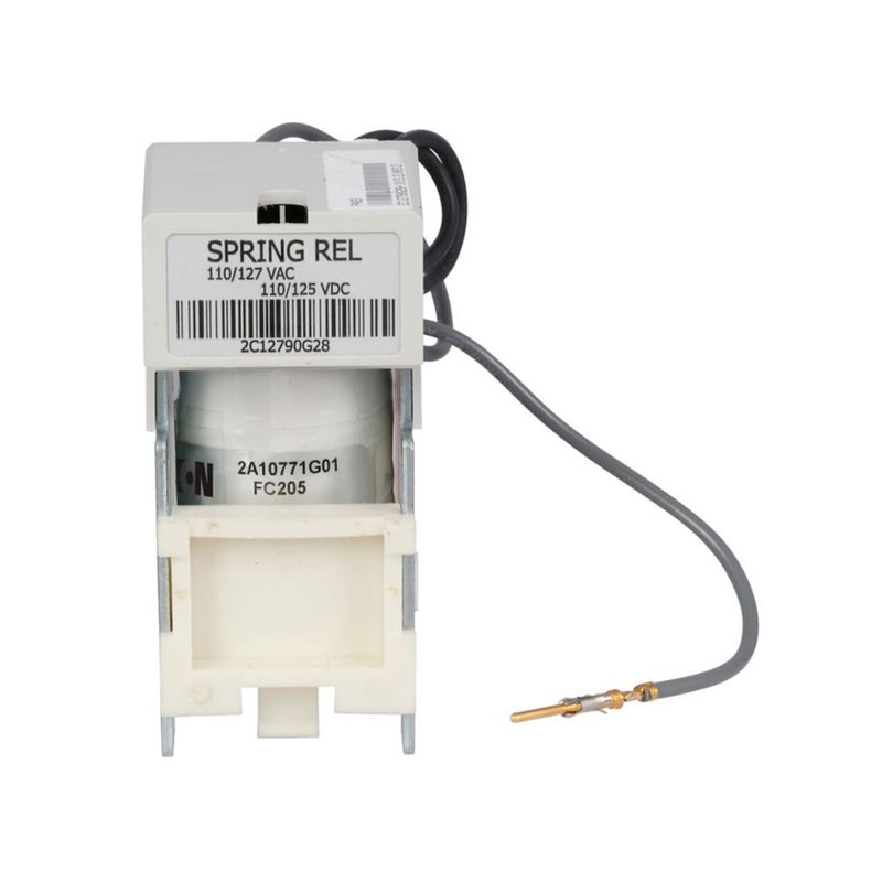 Bobina de cierre 110-127 VAC Eaton, vista frontal del módulo con etiquetas blancas y cable gris con terminal
