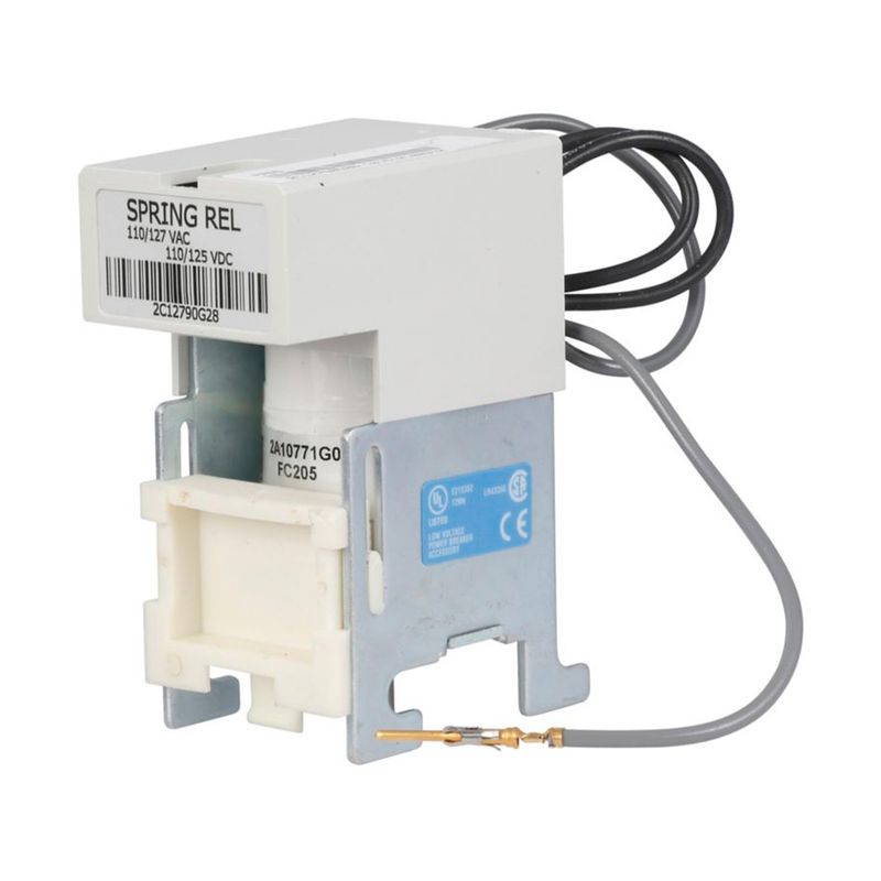 Bobina de cierre 110-127 VAC Eaton, vista lateral detallada de la etiqueta y cables de conexión