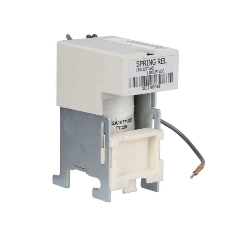 Bobina de cierre 110-127 VAC Eaton, vista lateral detallada de la etiqueta técnica y cableado gris