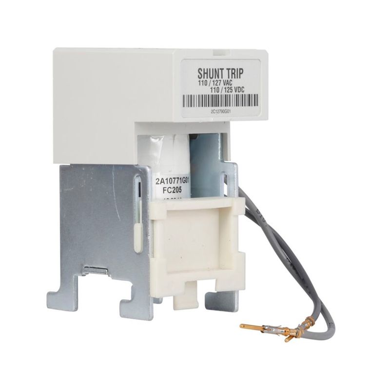Bobina de disparo Magnum 110-127 VAC MST1 2A11791G01 Eaton, vista lateral con etiquetas técnicas y cables de conexión