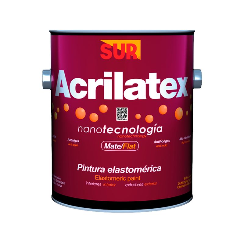 Pintura Acrilatex elastomérica blanco mate GL Sur, envase cilíndrico con etiqueta color magenta y letras blancas