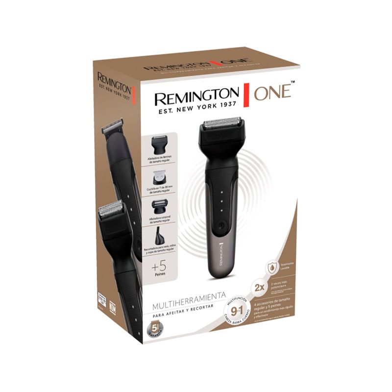 Kit afeitadora multifuncional todo en 1 9 pz Remington, empaque frontal con ilustración del equipo y sus accesorios