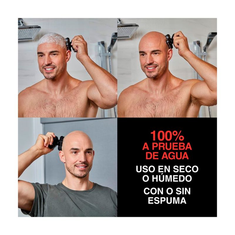 Afeitadora de cabeza carga USB Remington, collage con hombre usando el equipo y texto sobre resistencia al agua