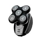 Afeitadora de cabeza carga USB Remington, vista frontal en ángulo del equipo color negro con cinco cabezales circulares