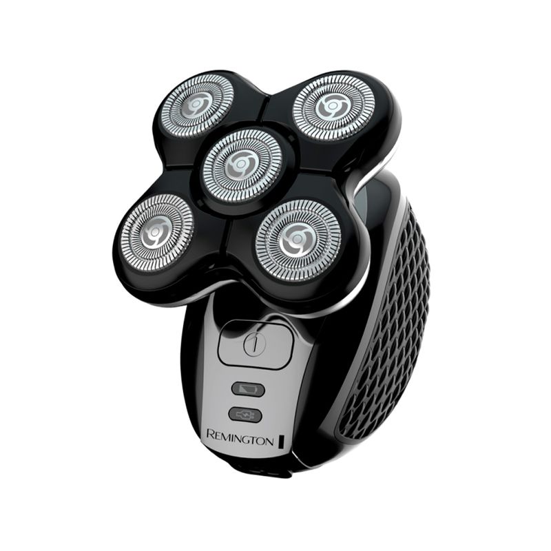 Afeitadora de cabeza carga USB Remington, vista frontal en ángulo del equipo color negro con cinco cabezales circulares