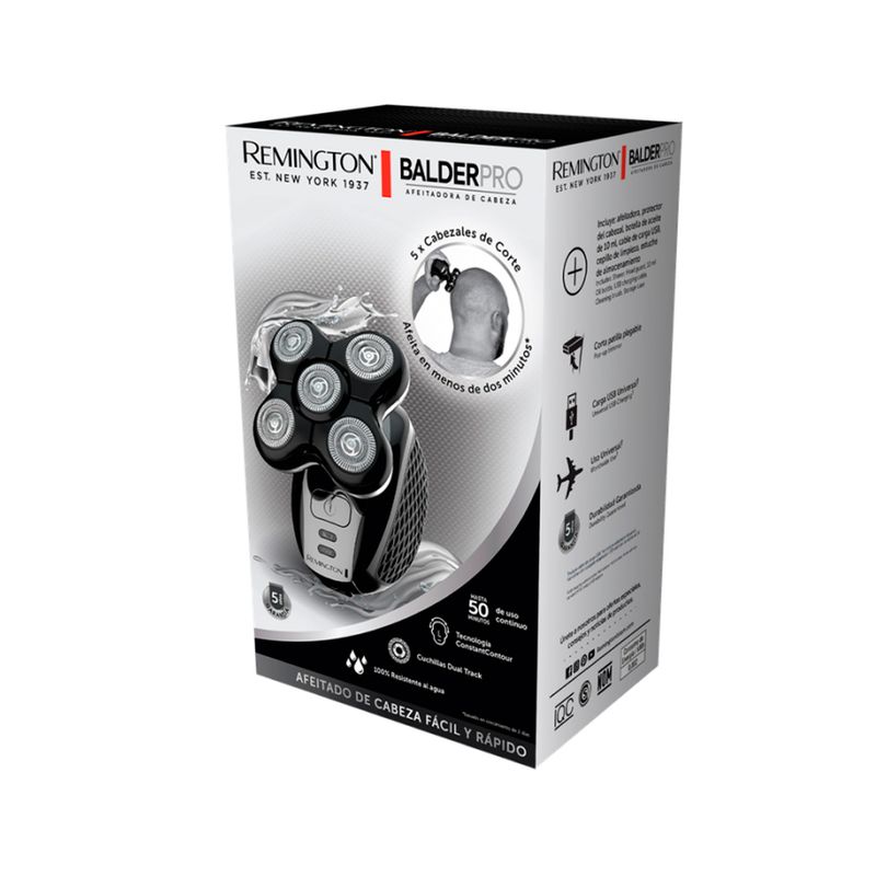 Afeitadora de cabeza carga USB Remington, empaque frontal con ilustración del equipo y características técnicas