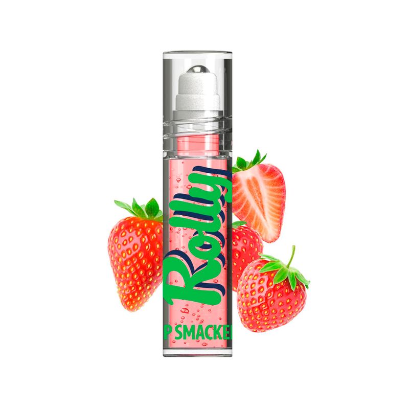 Brillo labial hidratante sabor fresa Lip Smacker, tubo transparente con aplicador de esfera y fresas decorativas alrededor